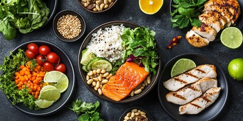 Healthy food meal prep bowls with salmon, chicken, rice, vegetables and nuts.