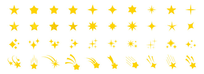 Stars icon collection. Different star shapes. Black stars icon set.  Sparkle star icon set. Falling stars . Vector illustration