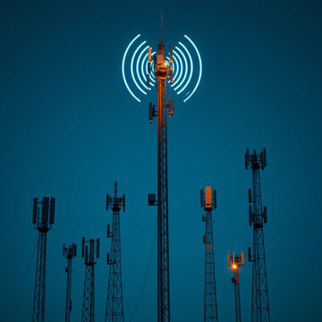 Silhouetted cell towers dominate the twilight sky, representing the essential infrastructure behind our connected world.