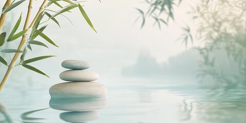 Obraz premium Zen stones in calm water with bamboo shoots.