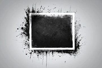 A black square frame with white outline and black grunge splatters on a grey background.