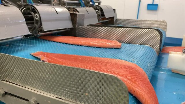 Salmon fillet processing conveyor in salmon factory
