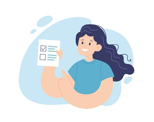 Vote 2024 woman with voting ballot. Election campaign concept, vector illustration in flat style