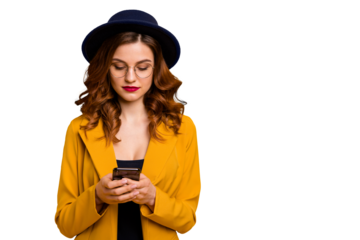 Close up photo beautiful she her lady concentrated arms hands telephone check instagram followers perfect modern look wear specs formal-wear costume suit isolated yellow vivid vibrant background