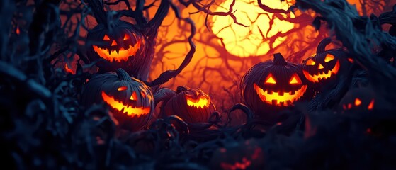 Spooky Halloween scene featuring glowing jack-o'-lanterns amidst twisted branches and an eerie orange glow.