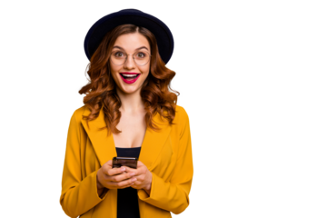 Close up photo beautiful she her lady open mouth arms hands telephone reader cool news check instagram followers modern look wear specs formal-wear costume suit isolated yellow vibrant background