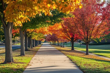 Naklejka premium Autumnal Pathway Lined with Vibrant Trees