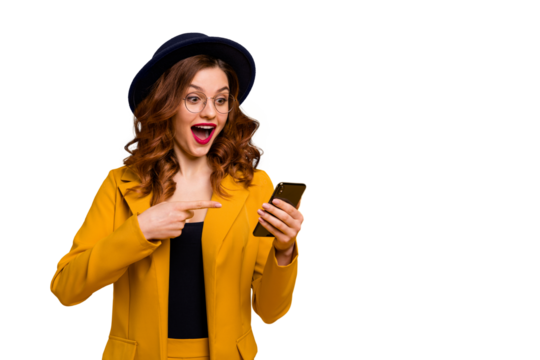 Close up photo beautiful yell she her lady direct indicate arm hand telephone reader cool news modern look sale discount lottery wear specs formal-wear costume suit isolated yellow vibrant background