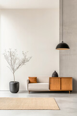 Luxury living room interior design composition with a sofa, natural lighting and copy space. Architectural design composition for showcasing purposes.