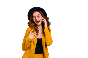 Close up photo beautiful funky she her lady arm hand telephone chat speak talk say tell friends relatives humor joke story wear specs formal-wear costume suit isolated yellow vibrant background