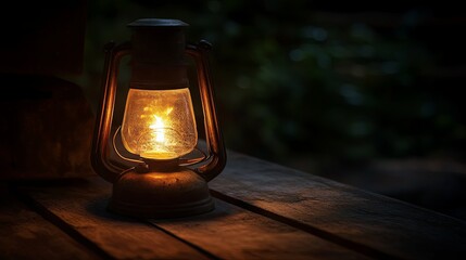 A kerosene lamp glows on a wooden surface in the dark.