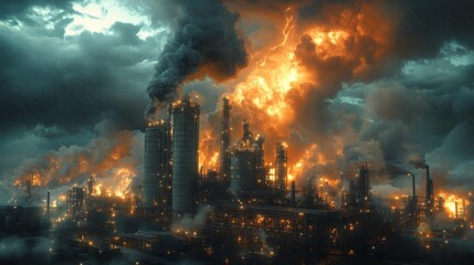 Fototapeta premium Industrial Factory Explosion in Stormy Weather Generative AI
