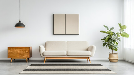 Luxury living room interior design composition with a sofa, natural lighting and copy space. Architectural design composition for showcasing purposes.