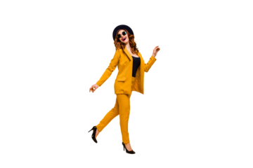Full length side profile body size photo beautiful amazing funky she her lady walking down street perfect look tourism traveler wear specs formal-wear costume suit isolated yellow bright background