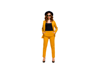 Full length body size photo beautiful amazing she her lady street perfect look tourism traveler not smiling hands arms pockets wear specs formal-wear costume suit isolated yellow bright background