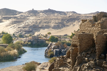 Elephantine Island on the Nile at Aswan and landscape, Upper Egypt