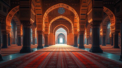 Obraz premium Ornate Mosque Interior with Glowing Arches Generative AI