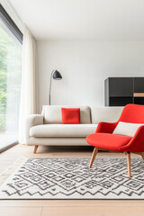Luxury living room interior design composition with a sofa, natural lighting and copy space. Architectural design composition for showcasing purposes.