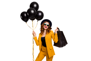 Close up photo beautiful amazing she her lady carry packs perfect look buy buyer present gift balloons birthday sale discount wear specs formal-wear costume suit isolated yellow bright background