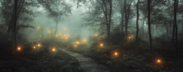 A mystical forest scene filled with glowing lights, creating an enchanting atmosphere in a foggy landscape.