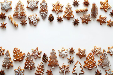Festive christmas frame from homemade gingerbread cookies on white background with copy space. Xmas, New Year celebration concept for greeting postcard, banner