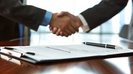 Fototapeta premium Closeup of Business Partnership Agreement with Handshake and Corporate Theme