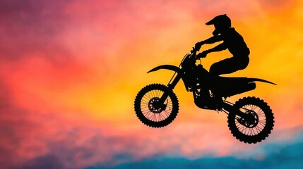 Fototapeta premium A thrilling silhouette of a motocross rider performing a jump against a vibrant sunset sky.
