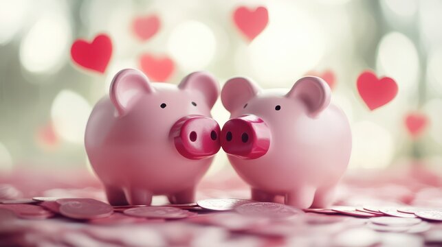 Two pink piggy banks with hearts in love on a festive background