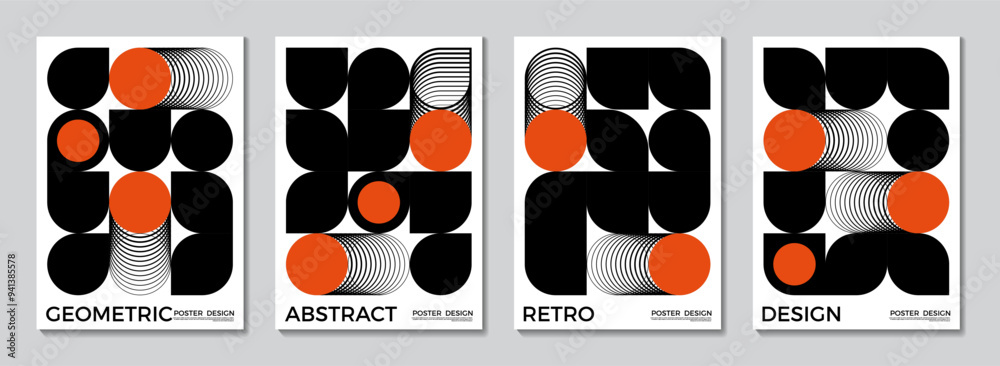 Poster retro black and white geometric pattern background, set of circles round curve shape with dynamic li