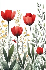 Obraz premium Watercolor Red Tulips in a Field of Green Grass