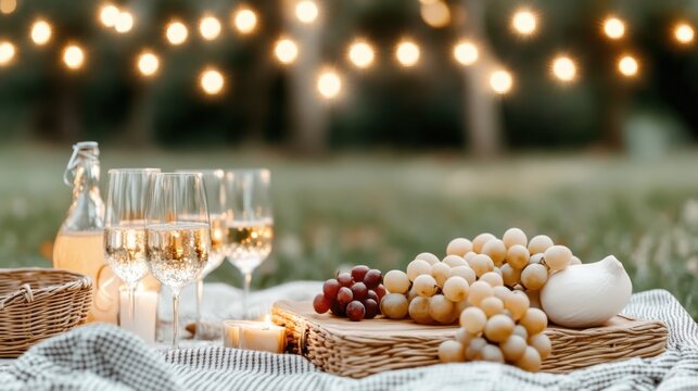 Elegant picnic setup featuring grapes, wine glasses, and soft lights for a romantic outdoor gathering.