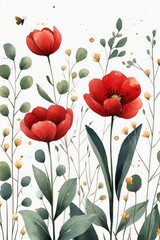 Obraz premium Watercolor Red Flowers and Green Foliage Illustration