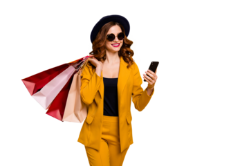 Close up photo beautiful she her lady hands arms telephone many packs buyer vacation traveler sale discount search gps next boutique wear specs formal-wear suit isolated yellow bright background