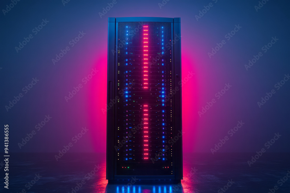 Poster a sleek server rack with blinking lights, isolated on a soft pastel gray background, symbolizing the