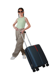 Asian girl child with suitcase posture isolated on white background. kid fashion and travel concept. Full length photo.