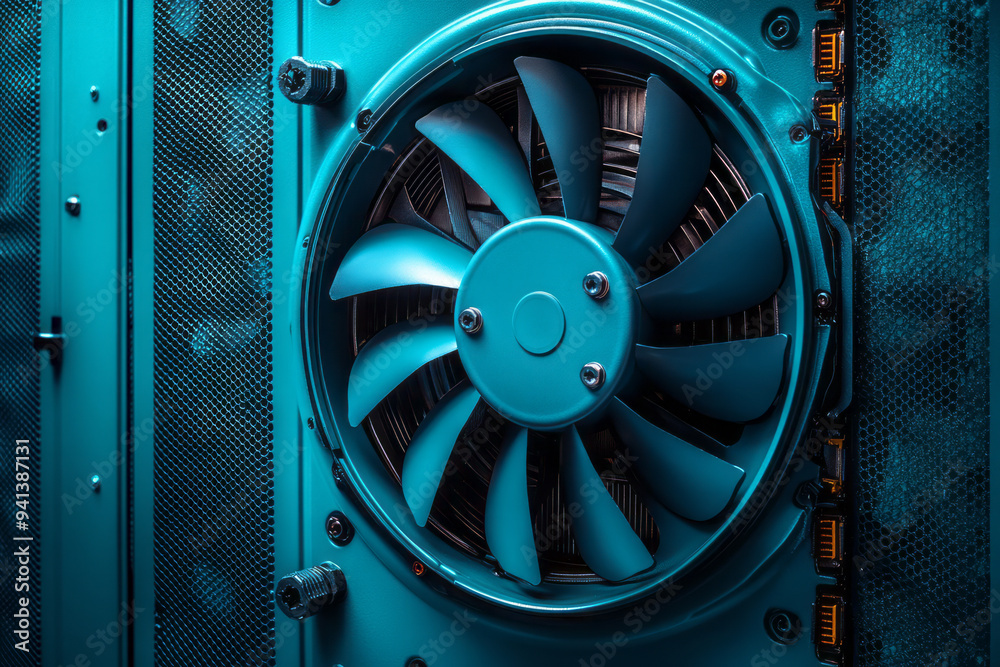 Poster a cooling fan inside a server, isolated on a pastel mint background, representing the importance of 