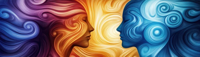 Plexiglas schilderij Abstracte kunst A vibrant abstract art piece depicting two faces merging with swirling colors, symbolizing connection and harmony.  © Manita