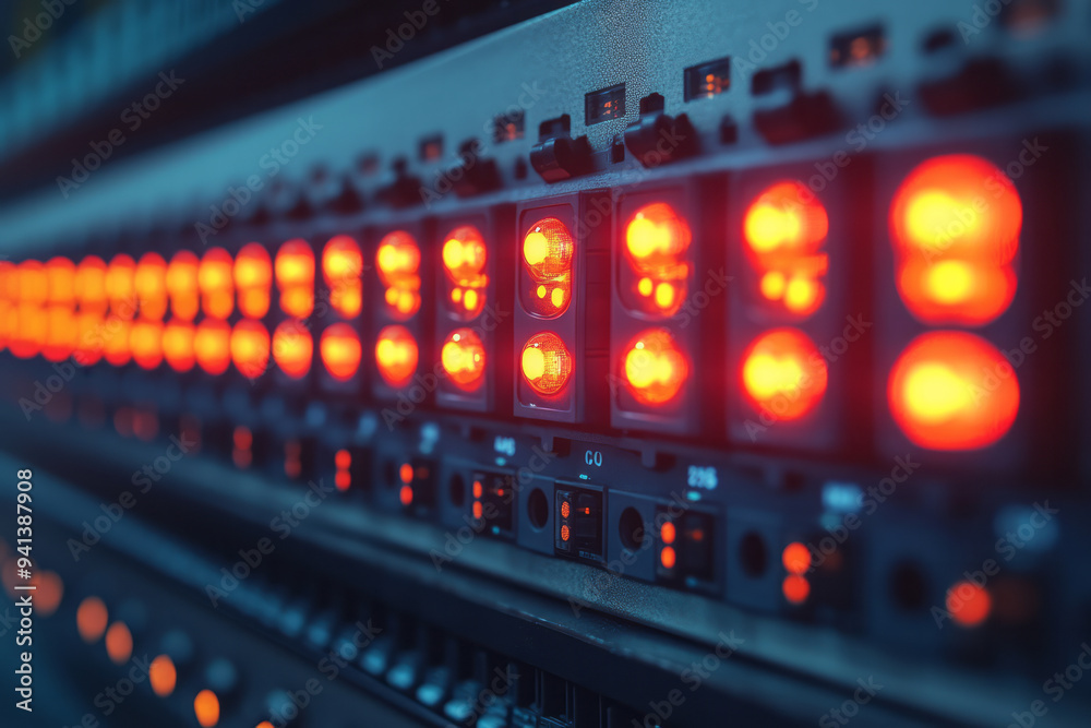 Poster a set of led indicators on a server, isolated on a pastel yellow background, capturing the operation