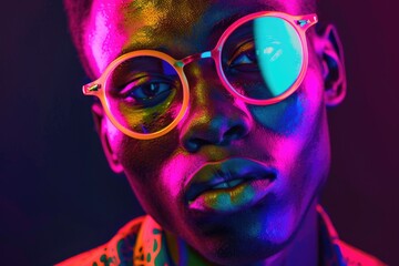 A person wearing neon glasses and a colorful shirt