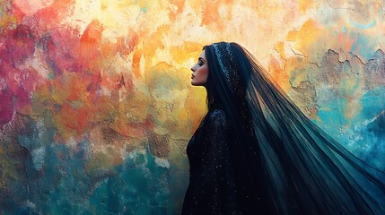 Mysterious Woman in Black Veil Against Colorful Wall