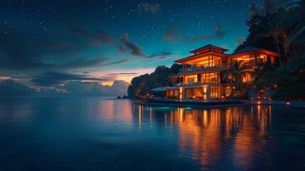 Fototapeta premium Luxury Beachfront Villa at Night - Generative AI