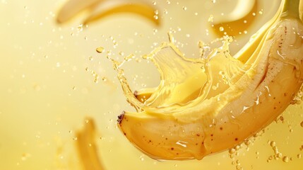 A ripe banana with splashes of juice frozen in time, showcasing vibrant color and dynamic motion against a bright yellow background