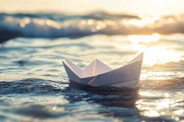 White paper origami boat floating on sea ocean water waves, tourism cruise journey and freedom concept background, against sunlight.