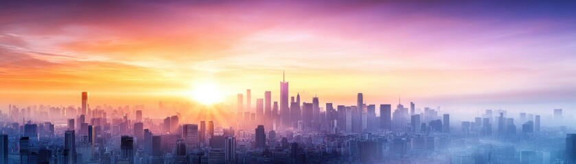 Fototapeta premium Stunning city skyline at sunrise, showcasing vibrant colors and silhouettes of modern buildings against a breathtaking backdrop.