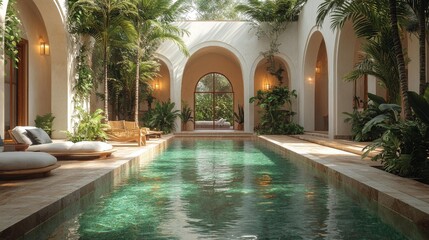 Luxurious Indoor Pool with Lush Greenery Generative AI
