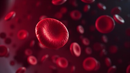 Red Blood Cells in a Vein: Biconcave Discs with Rich Red Color and Reflective Texture, Set Against a Gradient Blood Vessel Background