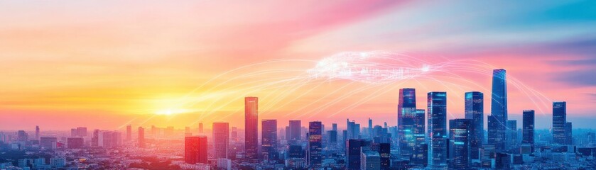 Breathtaking city skyline at sunset, showcasing vibrant colors and dramatic lighting over modern architecture.