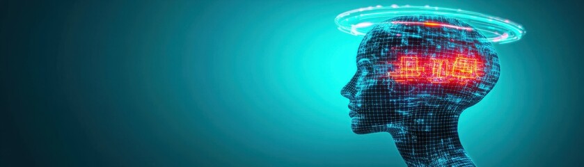 Obraz premium Futuristic digital head illustration representing artificial intelligence and technology with glowing brain connections.