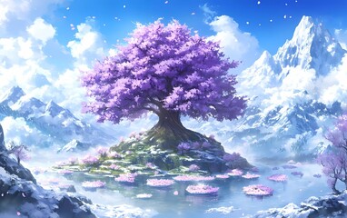 A beautiful fantasy world with a blue sky, white clouds, and water in the background