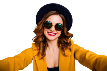 Close up photo beautiful dreamy funky she her lady make take selfies vacation white perfect teeth red pomade lips lipstick wear hat sun specs formal-wear suit isolated yellow bright background